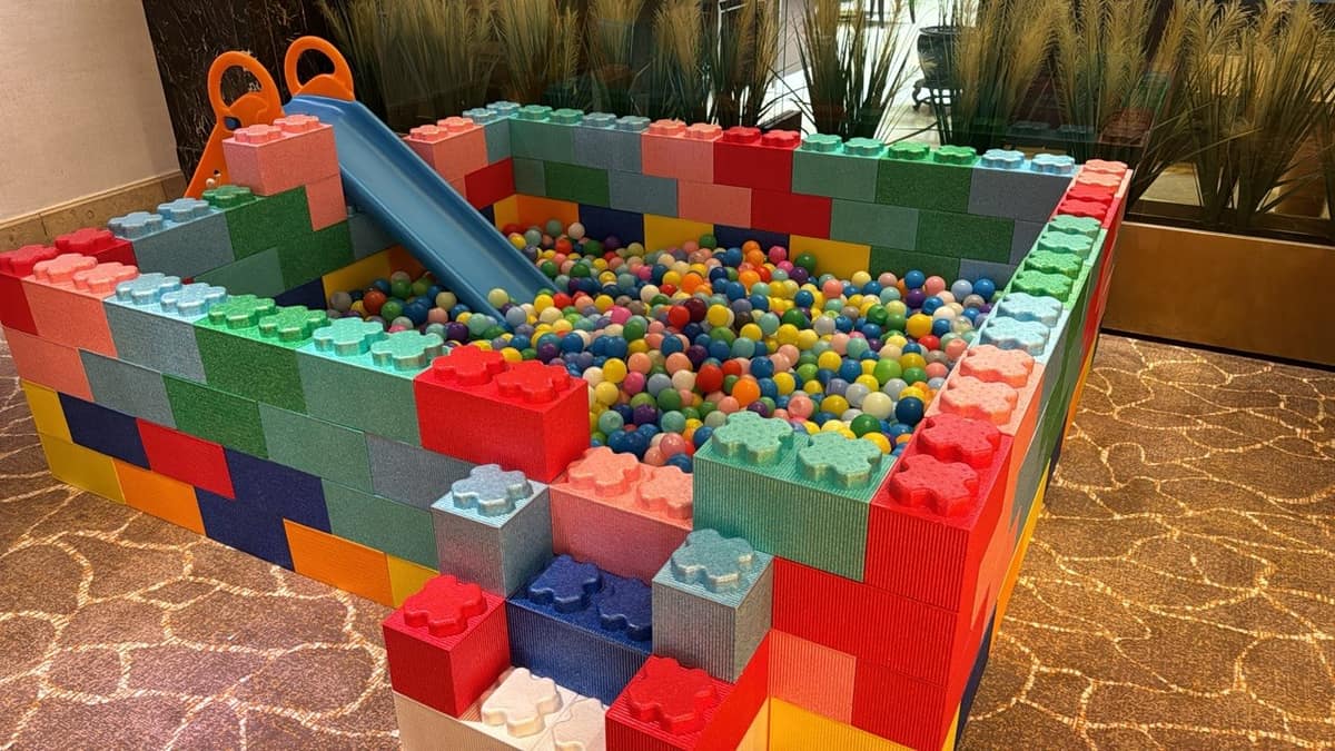 Blue LEGO-block ball pit, wide view